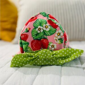 Strawberry Print Kids Hat with Green Polka Dot Bow